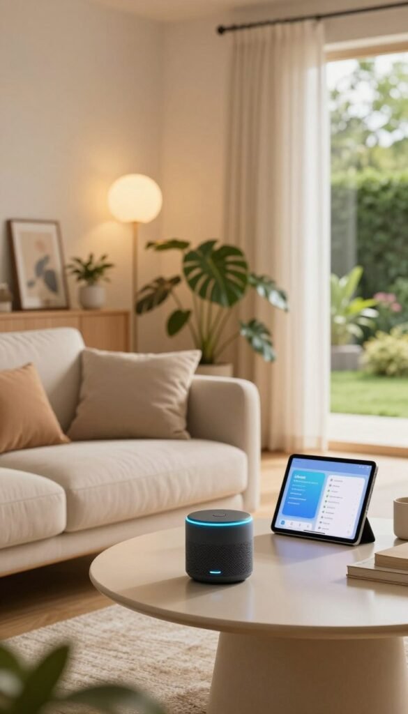 A cozy, modern home setting illuminated by warm, natural light, showcasing a sleek Amazon Echo device prominently on a stylish coffee table. In the foreground, a comfortable sofa adorned with soft cushions invites relaxation. The middle ground features a well-organized living area with smart light fixtures illuminating the room, while artfully arranged houseplants add a touch of nature. A digital tablet displays an intuitive user interface for setting up Alexa routines. In the background, through a window, a serene garden is visible, enhancing the peaceful atmosphere. Capture this scene in a soft-focus lens effect, creating a warm and inviting mood, perfect for illustrating the integration of smart home technology by TechKiste.