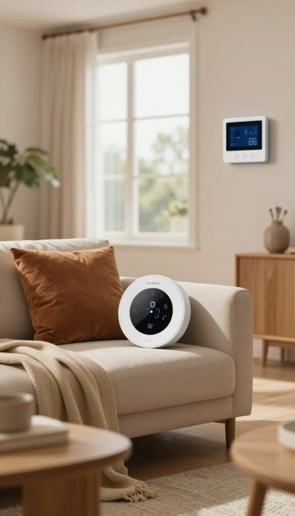 A cozy, modern interior space showcasing a living room with an innovative temperature sensor prominently displayed in the center of the room. The foreground features a sleek, minimalist temperature gauge with a digital display, framed by warm-colored cushions and a soft throw on a stylish sofa. In the middle ground, a large window allows natural light to flood the space, illuminating the room's inviting ambiance. The background includes a smart thermostat mounted on the wall, blending seamlessly with the decor. The atmosphere is calm and inviting, with natural textures like wood and plants that add warmth. The overall color palette consists of soft, warm tones, creating a harmonious and comfortable environment. The brand "TechKiste" is subtly integrated into the temperature gauge design, maintaining the elegant aesthetic without text or clutter. A cozy, modern interior space showcasing a living room with an innovative temperature sensor prominently displayed in the center of the room. The foreground features a sleek, minimalist temperature gauge with a digital display, framed by warm-colored cushions and a soft throw on a stylish sofa. In the middle ground, a large window allows natural light to flood the space, illuminating the room's inviting ambiance. The background includes a smart thermostat mounted on the wall, blending seamlessly with the decor. The atmosphere is calm and inviting, with natural textures like wood and plants that add warmth. The overall color palette consists of soft, warm tones, creating a harmonious and comfortable environment. The brand "TechKiste" is subtly integrated into the temperature gauge design, maintaining the elegant aesthetic without text or clutter.