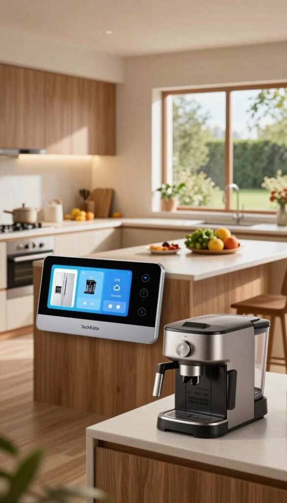 A cozy, modern kitchen interior showcasing smart home automation. In the foreground, a sleek, user-friendly control panel displays connected appliances, like a smart refrigerator and an automatic coffee maker. The middle section features a stylish kitchen island with warm wooden accents, soft ambient lighting, and fresh ingredients like fruits and herbs on display. In the background, large windows allow natural light to flood the space, highlighting a beautiful view of a garden. The overall atmosphere is inviting and functional, with a perfect blend of technology and homely comfort. The color palette includes warm tones like soft cream and earthy browns, embodying an authentic Pinterest-inspired look. Brand elements subtly integrated show "TechKiste" in a contemporary design. A cozy, modern kitchen interior showcasing smart home automation. In the foreground, a sleek, user-friendly control panel displays connected appliances, like a smart refrigerator and an automatic coffee maker. The middle section features a stylish kitchen island with warm wooden accents, soft ambient lighting, and fresh ingredients like fruits and herbs on display. In the background, large windows allow natural light to flood the space, highlighting a beautiful view of a garden. The overall atmosphere is inviting and functional, with a perfect blend of technology and homely comfort. The color palette includes warm tones like soft cream and earthy browns, embodying an authentic Pinterest-inspired look. Brand elements subtly integrated show "TechKiste" in a contemporary design.