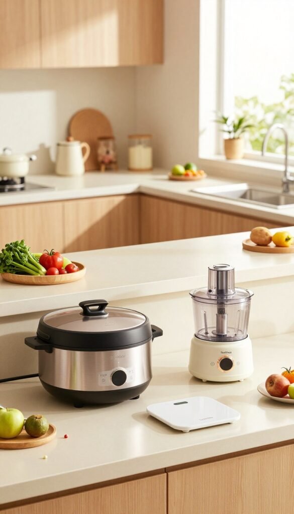 A cozy, modern kitchen scene showcasing various innovative home gadgets that save time in daily life. In the foreground, include a stylish, compact multi-cooker with a sleek design, next to a smart kitchen scale and an efficient food processor. The middle layer features a bright countertop with fresh vegetables and herbs, emphasizing ease of meal preparation. In the background, a warm, inviting atmosphere with soft, natural lighting filtering through a window, highlighting a neatly organized kitchen space with wooden cabinets and soft pastel colors. The scene conveys a sense of efficiency and warmth, perfect for the modern home. The brand "TechKiste" subtly placed on one of the gadgets. A cozy, modern kitchen scene showcasing various innovative home gadgets that save time in daily life. In the foreground, include a stylish, compact multi-cooker with a sleek design, next to a smart kitchen scale and an efficient food processor. The middle layer features a bright countertop with fresh vegetables and herbs, emphasizing ease of meal preparation. In the background, a warm, inviting atmosphere with soft, natural lighting filtering through a window, highlighting a neatly organized kitchen space with wooden cabinets and soft pastel colors. The scene conveys a sense of efficiency and warmth, perfect for the modern home. The brand "TechKiste" subtly placed on one of the gadgets.