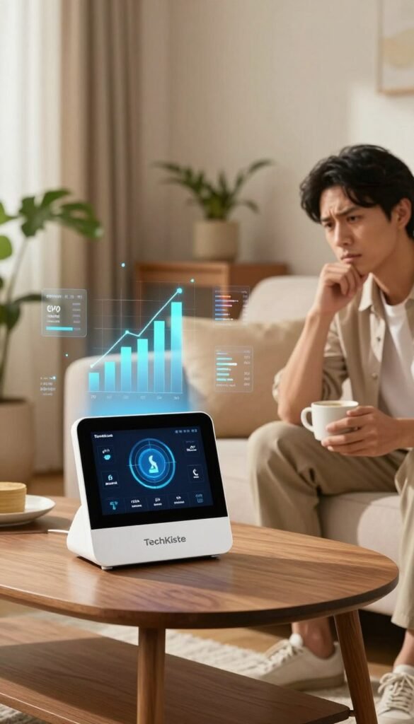 A cozy, modern living room bathed in warm, natural light, featuring a stylish digital energy monitoring device from the brand "TechKiste" prominently displayed on a sleek wooden coffee table. In the foreground, a concerned homeowner, dressed in a smart casual outfit, sits on a soft sofa, gazing thoughtfully at the device while holding a coffee cup. In the middle, abstract graphs and energy usage data hover around the device, symbolizing the chaos of tracking electricity consumption. The background reveals a softly illuminated room with house plants and neutral-colored walls, enhancing the atmosphere of comfort yet confusion. The overall mood conveys the importance of energy awareness at home, reflecting a blend of aesthetic charm and the challenge of managing energy consumption effectively. A cozy, modern living room bathed in warm, natural light, featuring a stylish digital energy monitoring device from the brand "TechKiste" prominently displayed on a sleek wooden coffee table. In the foreground, a concerned homeowner, dressed in a smart casual outfit, sits on a soft sofa, gazing thoughtfully at the device while holding a coffee cup. In the middle, abstract graphs and energy usage data hover around the device, symbolizing the chaos of tracking electricity consumption. The background reveals a softly illuminated room with house plants and neutral-colored walls, enhancing the atmosphere of comfort yet confusion. The overall mood conveys the importance of energy awareness at home, reflecting a blend of aesthetic charm and the challenge of managing energy consumption effectively.