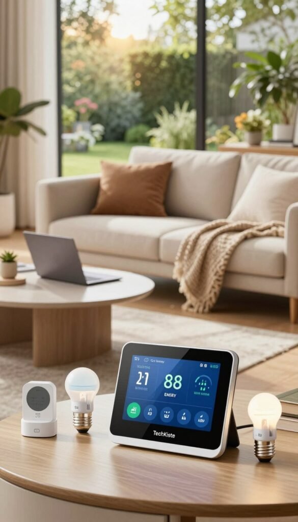 A cozy, modern living room bathed in warm natural light, showcasing a smart home environment. In the foreground, a sleek, digital energy monitor displays the current home energy consumption, surrounded by smart home devices like a thermostat and energy-efficient light bulbs. In the middle ground, a comfortable couch with plush cushions is adorned with cozy blankets, and a stylish coffee table holds an open laptop, suggesting productivity. In the background, large windows reveal a vibrant garden outside, letting in soft sunlight. The mood is peaceful yet slightly tense, illustrating the juxtaposition of advanced technology and high energy consumption. The overall aesthetic has a Pinterest-inspired look, reflecting authenticity and warmth, without any text, logos, or watermarks. The brand name "TechKiste" subtly integrated into the product design elements.