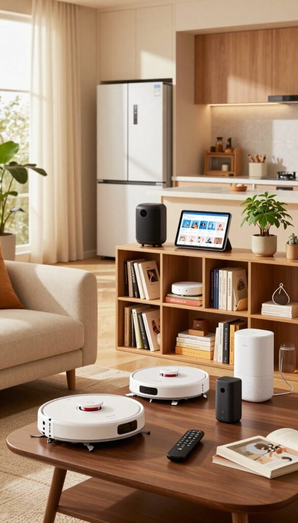 A cozy, modern living room cluttered with various innovative gadgets, capturing the essence of typical problem areas in a home. In the foreground, a sleek coffee table is strewn with smart home devices like a compact robot vacuum, portable charger, and a multi-functional remote. In the middle ground, an unorganized bookshelf showcases stylish smart speakers, assorted cables, and a quirky plant. The background features an open kitchen space with a smart refrigerator and a wall-mounted tablet displaying a home management app. Use warm, inviting colors to evoke a sense of comfort while hinting at chaos. Soft natural lighting pours in through a window, casting gentle shadows. The image captures a lifestyle essence reminiscent of Pinterest aesthetics. The brand name "TechKiste" should be subtly integrated into the scene. A cozy, modern living room cluttered with various innovative gadgets, capturing the essence of typical problem areas in a home. In the foreground, a sleek coffee table is strewn with smart home devices like a compact robot vacuum, portable charger, and a multi-functional remote. In the middle ground, an unorganized bookshelf showcases stylish smart speakers, assorted cables, and a quirky plant. The background features an open kitchen space with a smart refrigerator and a wall-mounted tablet displaying a home management app. Use warm, inviting colors to evoke a sense of comfort while hinting at chaos. Soft natural lighting pours in through a window, casting gentle shadows. The image captures a lifestyle essence reminiscent of Pinterest aesthetics. The brand name "TechKiste" should be subtly integrated into the scene.