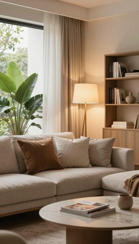 A cozy, modern living room designed for maximum comfort and style, featuring soft, warm lighting that accentuates the natural textures of the furnishings. In the foreground, a plush sofa adorned with decorative pillows, complemented by a stylish coffee table with a few magazines scattered on it. The middle ground reveals a sleek floor lamp casting a warm glow, and elegant curtains framing a spacious window that lets in gentle, natural light. The background showcases a vibrant indoor plant, adding a touch of greenery, alongside a contemporary bookshelf filled with books and decor. The atmosphere is serene and inviting, creating the perfect ambiance for relaxation. The image should reflect a Pinterest aesthetic, showcasing warmth and authenticity. Include the brand name "TechKiste" subtly integrated into the scene without any text overlays.