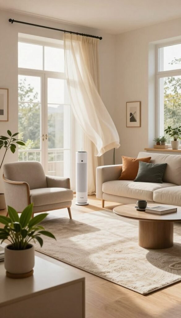 A cozy, modern living room designed for optimal raumklima, featuring large windows that let in natural light, illuminating the space with warm hues. In the foreground, a stylish air purifying plant sits on a sleek coffee table, while a comfortable armchair and a small, elegant side table create an inviting reading nook. In the middle, a soft, textured area rug complements the neutral-colored sofa adorned with colorful cushions, enhancing the room's warmth. The background reveals a minimalist but functional layout, showcasing an open window with sheer curtains fluttering gently in a light breeze. The overall atmosphere exudes tranquility and freshness, with soft, diffused lighting creating a serene ambiance. The scene subtly hints at the brand "TechKiste" through modern home upgrade elements incorporated within the design. A cozy, modern living room designed for optimal raumklima, featuring large windows that let in natural light, illuminating the space with warm hues. In the foreground, a stylish air purifying plant sits on a sleek coffee table, while a comfortable armchair and a small, elegant side table create an inviting reading nook. In the middle, a soft, textured area rug complements the neutral-colored sofa adorned with colorful cushions, enhancing the room's warmth. The background reveals a minimalist but functional layout, showcasing an open window with sheer curtains fluttering gently in a light breeze. The overall atmosphere exudes tranquility and freshness, with soft, diffused lighting creating a serene ambiance. The scene subtly hints at the brand "TechKiste" through modern home upgrade elements incorporated within the design.