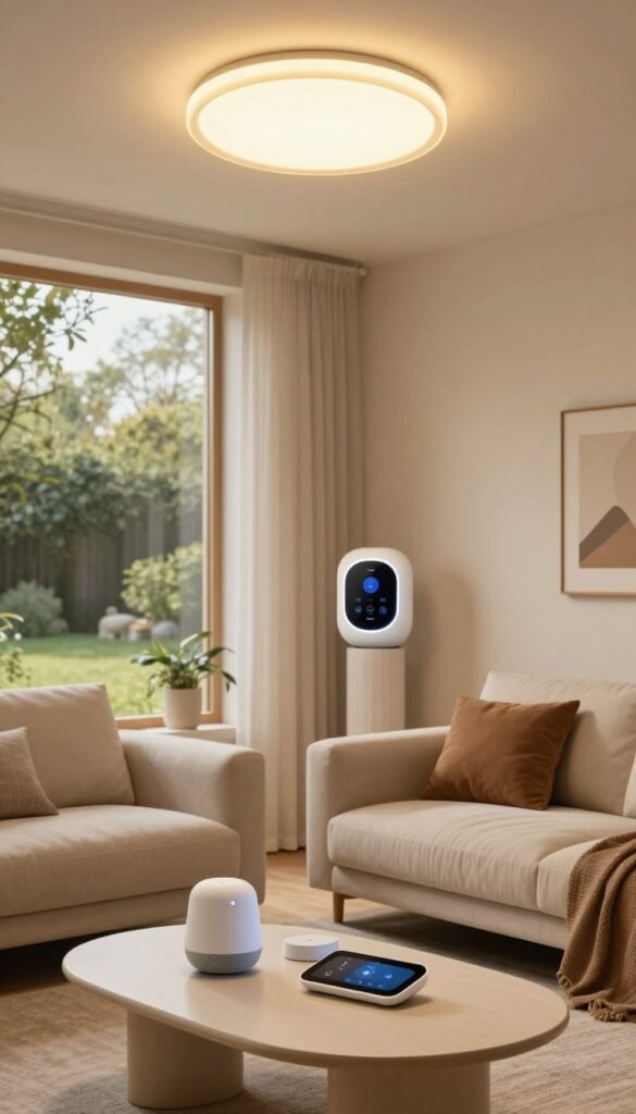 A cozy, modern living room designed for smart home convenience, featuring a stylish smart light fixture in warm hues that softly illuminates the space. In the foreground, a sleek coffee table holds smart home devices like a digital assistant and a home automation control panel, while a plush sofa with inviting cushions sits nearby. The background showcases a large window with a view of a serene garden, allowing natural light to filter in. A subtle, warm color palette enhances the inviting atmosphere, creating a Pinterest-worthy aesthetic. The overall mood reflects comfort and innovation in daily routines, with no text or branding visible except for a discreet element that indicates the presence of "TechKiste." The image would be taken from a slightly elevated angle to capture the depth of the room and the interplay of natural and artificial light.