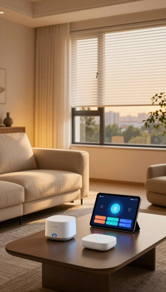 A cozy modern living room featuring a high-tech smart home setup by "TechKiste". In the foreground, a stylish coffee table adorned with smart light control devices and a tablet displaying intuitive light settings. In the middle, an elegant seating area with a sleek sofa under ambient smart lighting that casts warm, inviting hues, enhancing the relaxing atmosphere. In the background, large windows allow daylight to filter in, with automated smart blinds subtly adjusting to optimize natural light. The scene should evoke comfort and innovation, using warm colors that create a Pinterest-inspired aesthetic. The lighting should be soft and welcoming, akin to golden hour, emphasizing the seamless integration of smart technology into everyday living. No text or watermarks present.