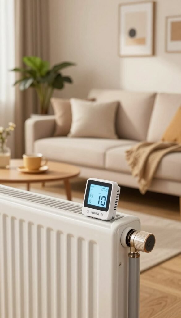 A cozy, modern living room featuring a sleek, stylish radiator with a high-quality thermostat from the brand "TechKiste". In the foreground, the thermostat is prominently displayed, showcasing its digital interface with a clear, bright screen. The middle layer includes a comfortable sofa adorned with soft cushions, a small coffee table with a warm, inviting mug on it, and a tasteful plant nearby. The background reveals a well-decorated wall with minimalistic art and soft lighting that bathes the room in warm tones, creating a welcoming atmosphere. The overall mood is one of comfort and efficiency, suited for smart home automation, appealing to renters and homeowners alike. Natural light filters through a nearby window, enhancing the Pinterest-like aesthetic of the space. A cozy, modern living room featuring a sleek, stylish radiator with a high-quality thermostat from the brand "TechKiste". In the foreground, the thermostat is prominently displayed, showcasing its digital interface with a clear, bright screen. The middle layer includes a comfortable sofa adorned with soft cushions, a small coffee table with a warm, inviting mug on it, and a tasteful plant nearby. The background reveals a well-decorated wall with minimalistic art and soft lighting that bathes the room in warm tones, creating a welcoming atmosphere. The overall mood is one of comfort and efficiency, suited for smart home automation, appealing to renters and homeowners alike. Natural light filters through a nearby window, enhancing the Pinterest-like aesthetic of the space.