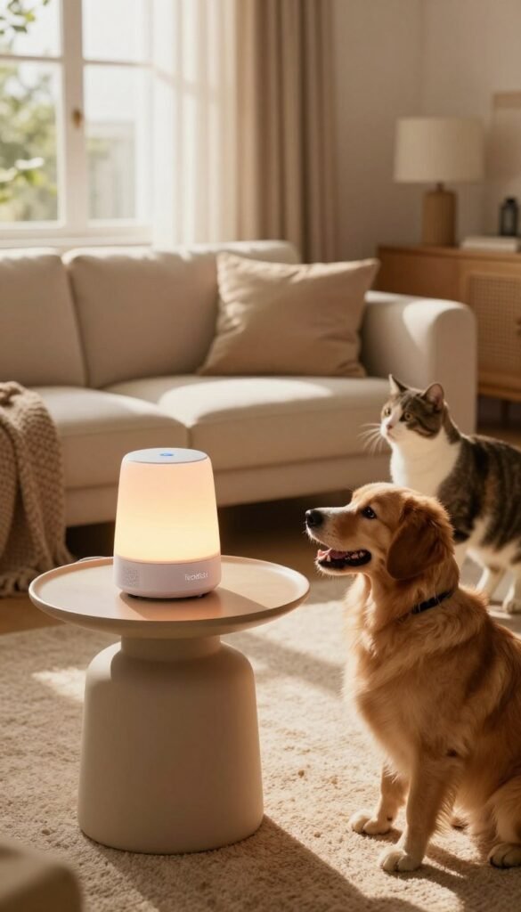 A cozy, modern living room featuring a smart pet assistant device from the brand "TechKiste" prominently on a stylish side table. In the foreground, a happy dog interacts with the device, glowing softly with warm, inviting colors. In the middle ground, a plush sofa and a rug create a comfortable environment, while a playful cat is nearby, curiously observing. The background showcases a well-lit window with sunlight streaming in, casting gentle shadows across the room. The overall atmosphere is warm and inviting, evoking a sense of tranquility and connection with pets even in their owners' absence. Use natural lighting to emphasize the warm tones, capturing a Pinterest-worthy aesthetic.