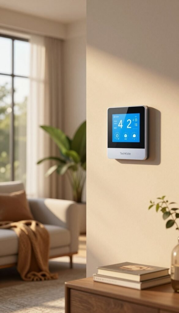 A cozy modern living room featuring a smart thermostat on the wall, controlling temperature seamlessly. In the foreground, a stylish room, with a plush sofa and a coffee table adorned with a warm blanket and a couple of books. The middle ground showcases large windows allowing natural light to flood in, highlighting the smart thermostat with a sleek, minimalist design that reads a comfortable temperature. In the background, soft green indoor plants add a touch of nature, enhancing the ambiance. The lighting is warm and inviting with a golden-hour glow, creating an atmosphere of comfort and efficiency. Incorporate the brand name "TechKiste" subtly in the design aesthetics of the thermostat, harmonizing with the overall look. The image evokes a sense of modern comfort and energy savings without compromising lifestyle quality.