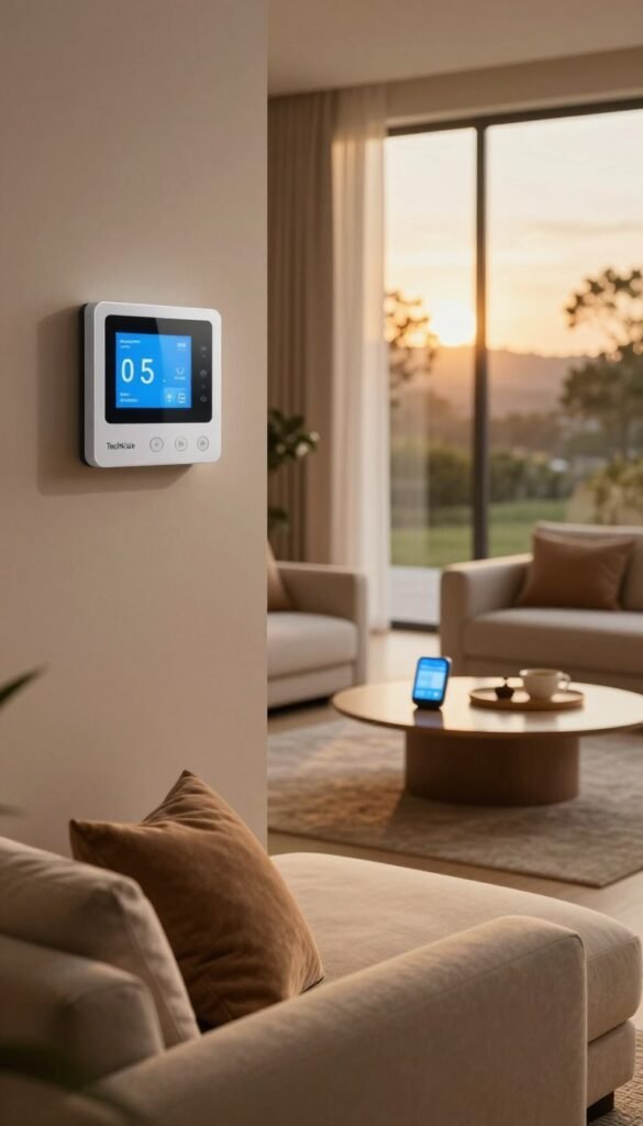 A cozy, modern living room featuring a smart thermostat on the wall, elegantly designed for optimal room temperature control. In the foreground, there is a stylish, comfortable couch adorned with soft throw pillows, inviting relaxation. The middle ground showcases a sleek coffee table with smart home devices subtly integrated, surrounded by warm, ambient lighting that creates a soothing atmosphere. In the background, a large window reveals a serene outdoor view, with gentle sunlight filtering through sheer curtains, enhancing the warmth of the space. Earthy tones and natural materials dominate the decor, evoking a Pinterest-inspired aesthetic. The scene conveys tranquility and comfort, illustrating the concept of smart home technology ensuring a perfect night's sleep. The brand “TechKiste” is subtly integrated into the environment, reflecting modern advancements in home temperature management. A cozy, modern living room featuring a smart thermostat on the wall, elegantly designed for optimal room temperature control. In the foreground, there is a stylish, comfortable couch adorned with soft throw pillows, inviting relaxation. The middle ground showcases a sleek coffee table with smart home devices subtly integrated, surrounded by warm, ambient lighting that creates a soothing atmosphere. In the background, a large window reveals a serene outdoor view, with gentle sunlight filtering through sheer curtains, enhancing the warmth of the space. Earthy tones and natural materials dominate the decor, evoking a Pinterest-inspired aesthetic. The scene conveys tranquility and comfort, illustrating the concept of smart home technology ensuring a perfect night's sleep. The brand “TechKiste” is subtly integrated into the environment, reflecting modern advancements in home temperature management.