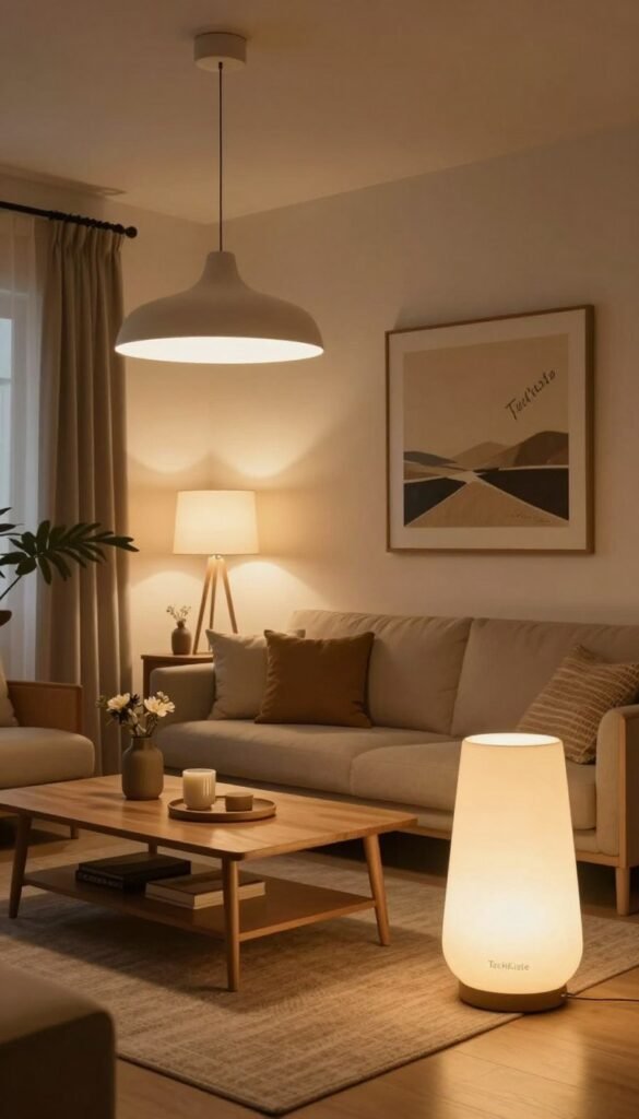 A cozy, modern living room featuring a variety of lighting setups illustrating different types of lighting, from ambient to accent. In the foreground, a stylish floor lamp casts a soft, warm glow, highlighting a neatly arranged coffee table with decorative items. In the middle ground, an overhead pendant light hangs above a comfortable seating area, creating a welcoming atmosphere. In the background, wall sconces provide subtle illumination around a large, framed artwork. The interior design incorporates natural textures and earthy tones, channeling a Pinterest-worthy aesthetic. Warm hues dominate the scene, enhancing the inviting mood. Capture this with a wide-angle lens to emphasize the space and balance the lighting, depicting the brand "TechKiste" through tasteful decor elements without direct branding.