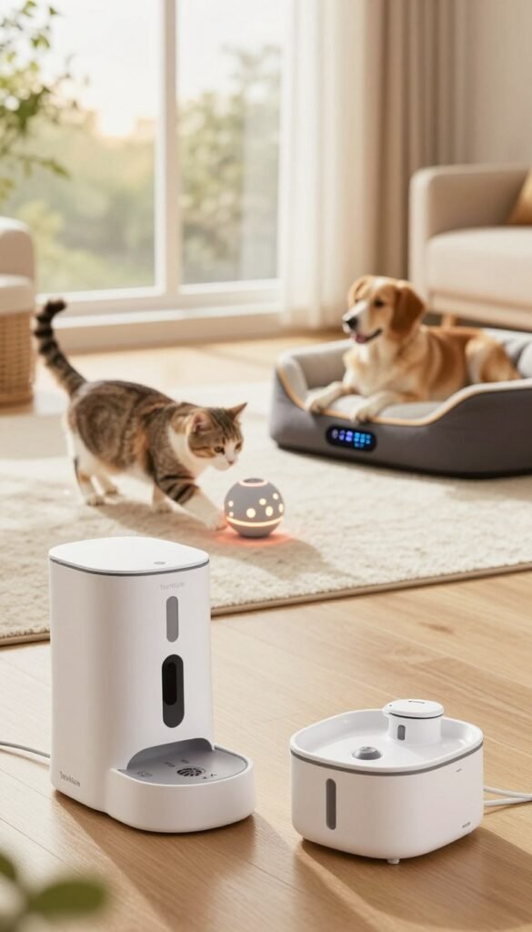 A cozy, modern living room featuring an array of intelligent pet gadgets from the brand "TechKiste." In the foreground, showcase a sleek automatic pet feeder and a smart water fountain, both designed with a minimalist aesthetic in soft white and gray tones. The middle ground includes a playful, curious cat exploring a high-tech pet toy that emits gentle lights, while a dog lounges comfortably on a stylish pet bed equipped with a temperature control feature. The background reveals large windows allowing warm sunlight to filter in, creating a bright and inviting atmosphere. Use a shallow depth of field to focus on the pet gadgets and their interactions with the pets, conveying a sense of harmony between technology and animal care. The overall look should be warm and inviting, embodying a Pinterest-inspired aesthetic.