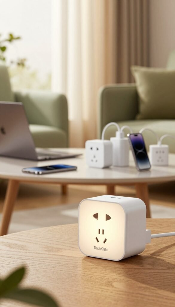A cozy modern living room featuring an array of smart power plugs from the brand "TechKiste". In the foreground, a stylish smart plug with a soft glow, emphasizing its sleek design and user-friendly interface. The middle ground showcases a small table cluttered with various electronic devices like a laptop and phone, all plugged into the smart sockets, demonstrating their functionality. In the background, a softly lit window with sheer curtains allows warm sunlight to pour in, creating a welcoming atmosphere. The mood is inviting and contemporary, with natural colors like beige, soft greens, and warm wood tones. The scene captures the essence of convenience and efficiency in everyday life, highlighting how these smart plugs help reduce standby power consumption. A cozy modern living room featuring an array of smart power plugs from the brand "TechKiste". In the foreground, a stylish smart plug with a soft glow, emphasizing its sleek design and user-friendly interface. The middle ground showcases a small table cluttered with various electronic devices like a laptop and phone, all plugged into the smart sockets, demonstrating their functionality. In the background, a softly lit window with sheer curtains allows warm sunlight to pour in, creating a welcoming atmosphere. The mood is inviting and contemporary, with natural colors like beige, soft greens, and warm wood tones. The scene captures the essence of convenience and efficiency in everyday life, highlighting how these smart plugs help reduce standby power consumption.