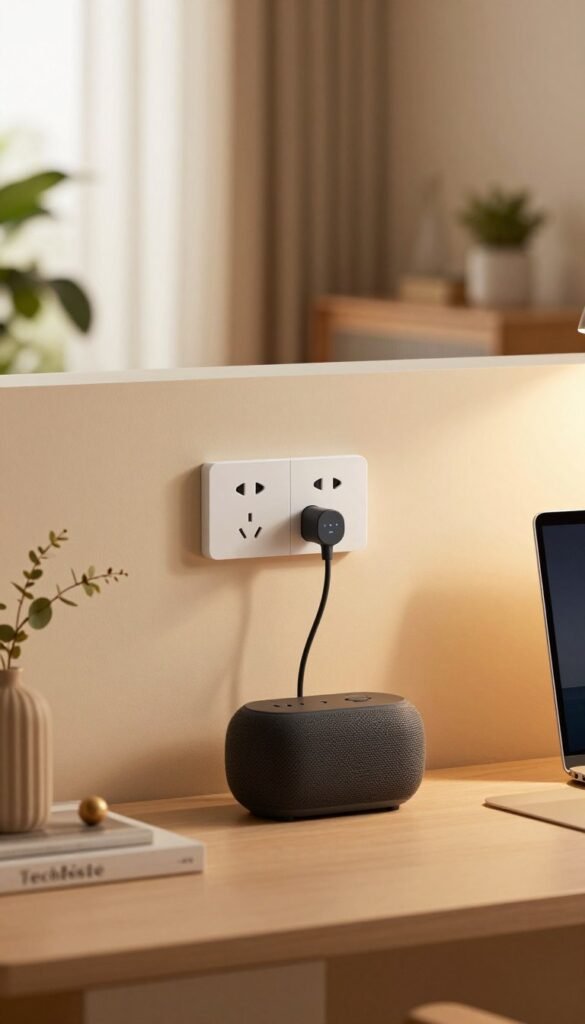 A cozy, modern living room featuring an elegant wall socket with smart devices plugged in, symbolizing simple automation for everyday life. In the foreground, a sleek, minimalistic desk with a smart speaker and a charging station, surrounded by warm, inviting lighting that creates a comfortable atmosphere. The middle layer showcases a stylish wall outlet with LED indicators and a smart home hub, integrated seamlessly into a beautifully designed room. In the background, soft, natural colors with decorative plants and a hint of sunlight filtering through a window enhance the inviting mood. The brand "TechKiste" is subtly represented by a decorative item on the desk, emphasizing innovation. Capture this scene with a shallow depth of field, ensuring a soft bokeh effect on the background. A cozy, modern living room featuring an elegant wall socket with smart devices plugged in, symbolizing simple automation for everyday life. In the foreground, a sleek, minimalistic desk with a smart speaker and a charging station, surrounded by warm, inviting lighting that creates a comfortable atmosphere. The middle layer showcases a stylish wall outlet with LED indicators and a smart home hub, integrated seamlessly into a beautifully designed room. In the background, soft, natural colors with decorative plants and a hint of sunlight filtering through a window enhance the inviting mood. The brand "TechKiste" is subtly represented by a decorative item on the desk, emphasizing innovation. Capture this scene with a shallow depth of field, ensuring a soft bokeh effect on the background.