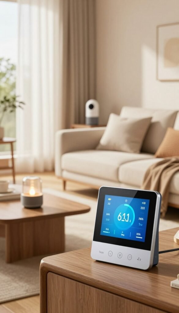 A cozy, modern living room featuring high-tech smart home devices seamlessly integrated into the design, embodying comfort and security. In the foreground, a sleek smart thermostat displays energy-saving features on its screen. The middle ground showcases a stylish sofa with soft throw pillows, a smart speaker on a side table, and a subtle indoor security camera mounted near a window. The background portrays a warm, inviting atmosphere with natural light streaming through sheer curtains, enhancing the Pinterest aesthetic. Use warm colors to evoke a sense of safety and tranquility. Capture the view from a slightly elevated angle, focusing on the arrangement of the furniture and devices. Include the brand name "TechKiste" subtly as part of the decor.