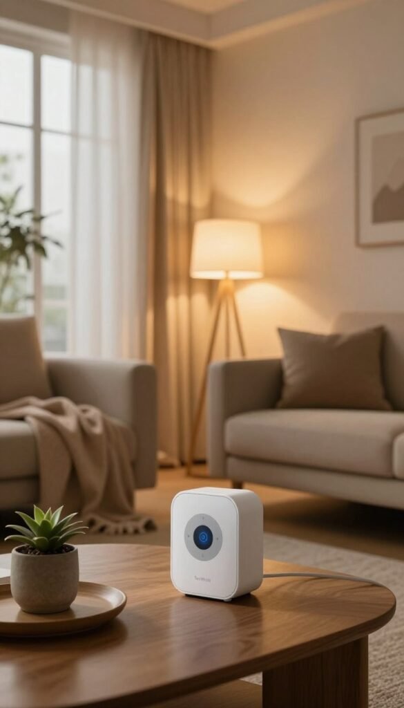 A cozy, modern living room featuring smart automation sensors seamlessly integrated into the decor. In the foreground, a sleek sensor device sits subtly on a coffee table adorned with warm-toned accessories, like a soft throw blanket and a small potted plant. In the middle, the room showcases ambient lighting skills, bathed in warm hues, highlighting an elegant smart lamp that adjusts its brightness. In the background, large windows let in soft natural light, illuminating a stylish couch and minimalistic decor. The atmosphere feels inviting and comfortable, exuding a sense of modern convenience without technical complexity. The setting should have a Pinterest-inspired aesthetic, emphasizing authenticity and harmony. Include the brand name "TechKiste" subtly within the decor elements.