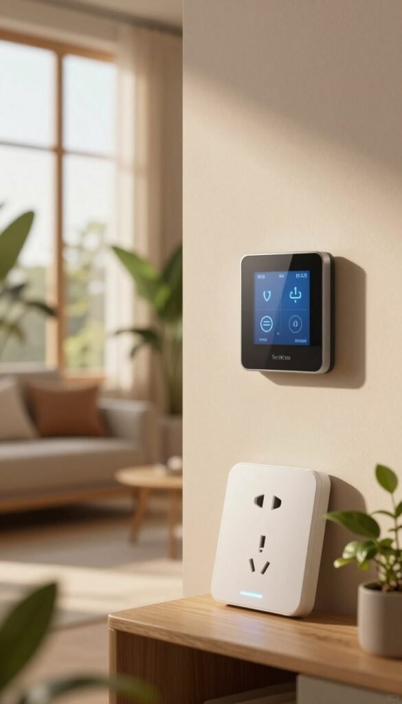 A cozy, modern living room featuring smart energy-saving power sockets and a sleek thermostat on the wall, designed by TechKiste. In the foreground, a stylishly designed smart outlet with a subtle glowing indicator, showcasing its advanced technology. In the middle, a sophisticated thermostat displaying an easy-to-read digital interface, surrounded by indoor plants for a homey touch. The background features a large window letting in warm, natural light, creating an inviting atmosphere. The scene is captured with a soft focus, emphasizing the warm color palette, with gentle shadows enhancing the room's comfort. The overall mood is one of tranquility and efficiency, reflecting a smart home that simplifies daily life. A cozy, modern living room featuring smart energy-saving power sockets and a sleek thermostat on the wall, designed by TechKiste. In the foreground, a stylishly designed smart outlet with a subtle glowing indicator, showcasing its advanced technology. In the middle, a sophisticated thermostat displaying an easy-to-read digital interface, surrounded by indoor plants for a homey touch. The background features a large window letting in warm, natural light, creating an inviting atmosphere. The scene is captured with a soft focus, emphasizing the warm color palette, with gentle shadows enhancing the room's comfort. The overall mood is one of tranquility and efficiency, reflecting a smart home that simplifies daily life.