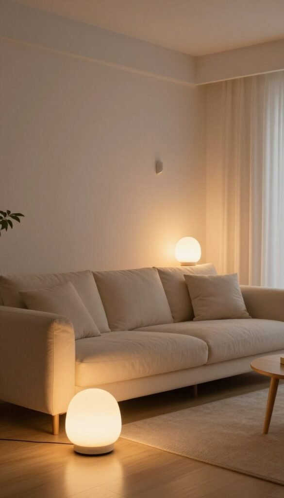 A cozy, modern living room featuring smart lighting solutions for enhanced ambiance and functionality. In the foreground, a sleek, minimalist lamp transitions between warm white and colorful light options. The middle showcases an elegant sofa with plush cushions, perfectly illuminated by soft, adjustable lights installed in the corners, creating a dynamic atmosphere. In the background, a stylish wall-mounted motion sensor dances subtly in sync with the changing lighting scenes. Soft, natural colors with a warm hue fill the room, reminiscent of a Pinterest-worthy interior. The scene captures an inviting yet high-tech feel, suggesting simplicity and convenience in upgrading home lighting. The brand name "TechKiste" is subtly integrated into the lighting design, harmonizing seamlessly with the overall aesthetics. A cozy, modern living room featuring smart lighting solutions for enhanced ambiance and functionality. In the foreground, a sleek, minimalist lamp transitions between warm white and colorful light options. The middle showcases an elegant sofa with plush cushions, perfectly illuminated by soft, adjustable lights installed in the corners, creating a dynamic atmosphere. In the background, a stylish wall-mounted motion sensor dances subtly in sync with the changing lighting scenes. Soft, natural colors with a warm hue fill the room, reminiscent of a Pinterest-worthy interior. The scene captures an inviting yet high-tech feel, suggesting simplicity and convenience in upgrading home lighting. The brand name "TechKiste" is subtly integrated into the lighting design, harmonizing seamlessly with the overall aesthetics.
