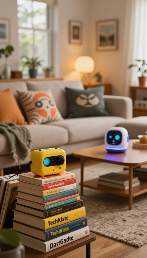 A cozy, modern living room featuring unique "Deko-Gadgets" with a playful nerd-factor that embodies personality without overwhelming the space. In the foreground, a stylish shelf stacked with colorful books, vintage collectibles, and quirky, tech-inspired decor from the brand "TechKiste." In the middle, a comfortable sofa adorned with themed cushions, and a coffee table showcasing a sleek, futuristic gadget. The background hints at warm, ambient lighting filtering through large windows, creating a soft, inviting atmosphere. Incorporate natural elements, like potted plants, to enhance the Pinterest aesthetic. Use a warm color palette to evoke a welcoming mood, with a slight bokeh effect to emphasize the foreground details while keeping the scene grounded and authentic. A cozy, modern living room featuring unique "Deko-Gadgets" with a playful nerd-factor that embodies personality without overwhelming the space. In the foreground, a stylish shelf stacked with colorful books, vintage collectibles, and quirky, tech-inspired decor from the brand "TechKiste." In the middle, a comfortable sofa adorned with themed cushions, and a coffee table showcasing a sleek, futuristic gadget. The background hints at warm, ambient lighting filtering through large windows, creating a soft, inviting atmosphere. Incorporate natural elements, like potted plants, to enhance the Pinterest aesthetic. Use a warm color palette to evoke a welcoming mood, with a slight bokeh effect to emphasize the foreground details while keeping the scene grounded and authentic.