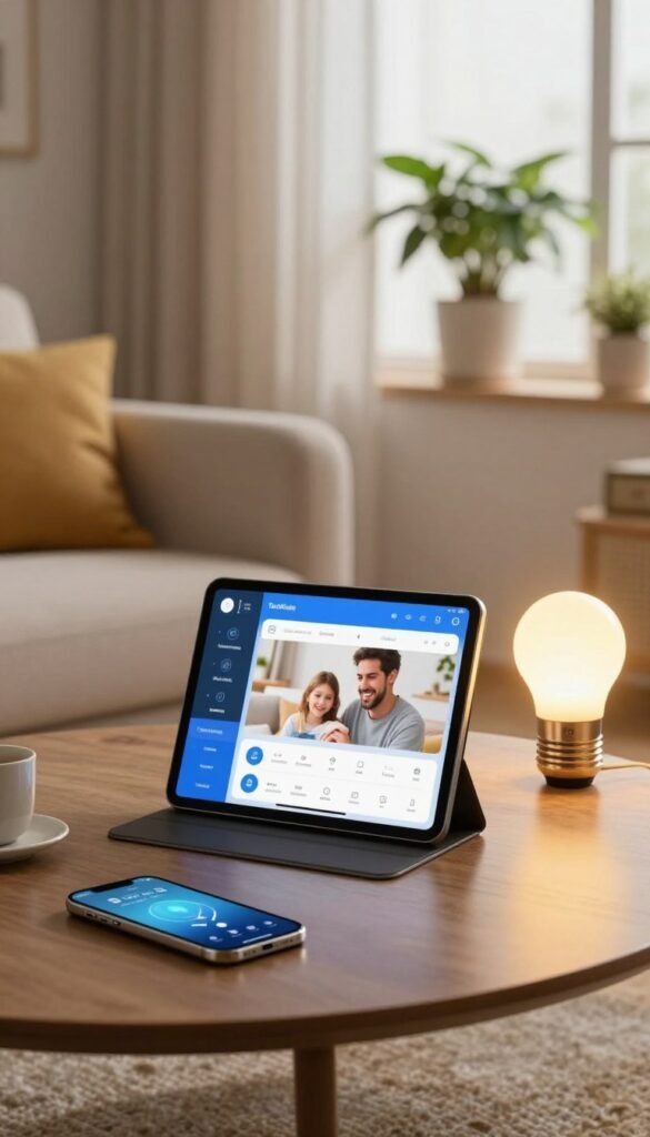 A cozy, modern living room featuring various smart devices connected to the internet, such as a sleek tablet showing a smart home app, a smart speaker, and smart light bulbs emitting warm, inviting light. The foreground captures a stylish coffee table with a smartphone displaying connectivity icons. In the middle, the tablet sits open, with a slightly blurred image of a family member using it remotely. The background showcases a bright window with green plants, emphasizing a tech-savvy home environment. The atmosphere is warm and inviting, reflecting the benefits of remote access in a Smart Home. Incorporate elements that suggest reliability and ease of use, with a hint of the brand "TechKiste" subtly integrated into the design. A cozy, modern living room featuring various smart devices connected to the internet, such as a sleek tablet showing a smart home app, a smart speaker, and smart light bulbs emitting warm, inviting light. The foreground captures a stylish coffee table with a smartphone displaying connectivity icons. In the middle, the tablet sits open, with a slightly blurred image of a family member using it remotely. The background showcases a bright window with green plants, emphasizing a tech-savvy home environment. The atmosphere is warm and inviting, reflecting the benefits of remote access in a Smart Home. Incorporate elements that suggest reliability and ease of use, with a hint of the brand "TechKiste" subtly integrated into the design.