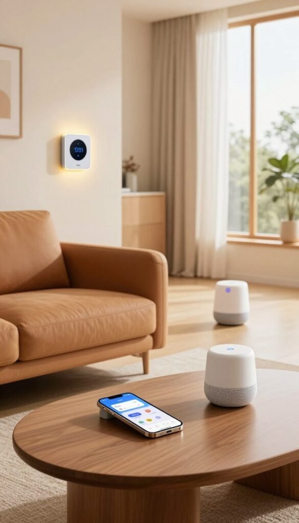 A cozy, modern living room featuring warm colors and a Pinterest-like aesthetic, showcasing various smart home devices seamlessly integrated into the environment. In the foreground, a stylish coffee table with a smartphone displaying a home automation app, while a voice assistant device is nearby. The middle ground includes a comfortable sofa with smart lighting controls visible on the walls, and a smart thermostat positioned for easy accessibility. In the background, large windows allow natural light to flood in, enhancing the inviting atmosphere. The space reflects a balance of technology and comfort, conveying a sense of ease and efficiency in modern living. The brand name "TechKiste" is subtly integrated into the decor, enhancing the theme of home automation. A cozy, modern living room featuring warm colors and a Pinterest-like aesthetic, showcasing various smart home devices seamlessly integrated into the environment. In the foreground, a stylish coffee table with a smartphone displaying a home automation app, while a voice assistant device is nearby. The middle ground includes a comfortable sofa with smart lighting controls visible on the walls, and a smart thermostat positioned for easy accessibility. In the background, large windows allow natural light to flood in, enhancing the inviting atmosphere. The space reflects a balance of technology and comfort, conveying a sense of ease and efficiency in modern living. The brand name "TechKiste" is subtly integrated into the decor, enhancing the theme of home automation.