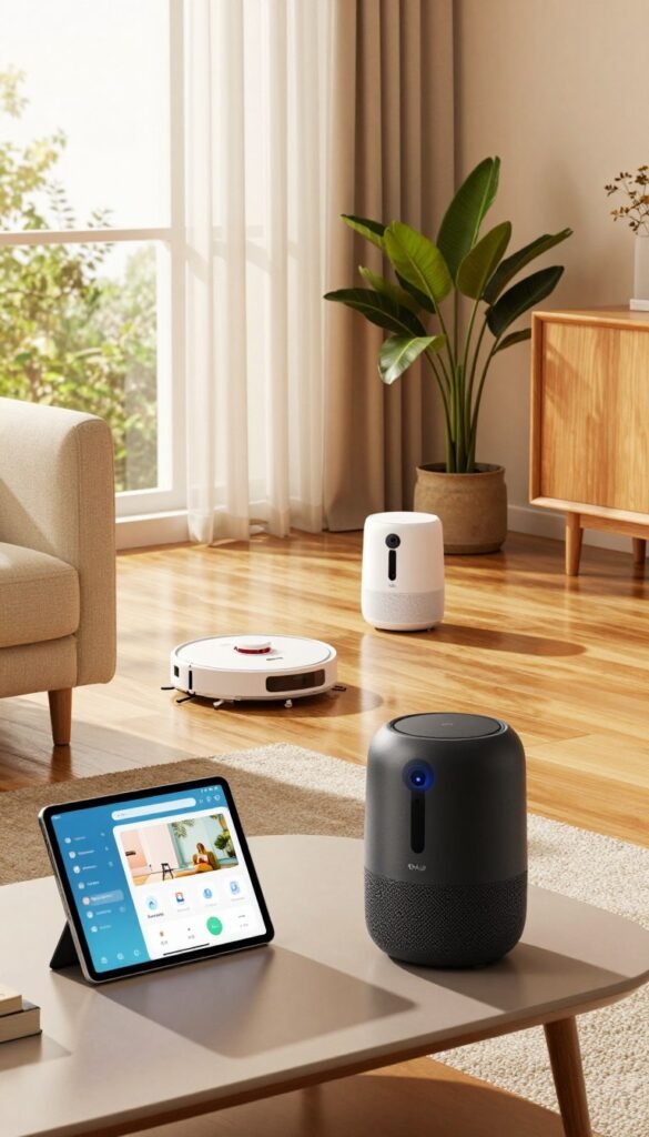 A cozy, modern living room filled with innovative home gadgets that enhance daily life. In the foreground, a sleek, multi-functional smart speaker sits prominently on a stylish coffee table, alongside a digital tablet displaying a home automation app. In the middle, a robotic vacuum cleaner quietly works on the polished hardwood floor, while a smart plant monitor rests next to a thriving houseplant. The background features large windows dressed with sheer curtains, allowing warm, natural light to illuminate the space. The atmosphere feels inviting and efficient, showcasing the seamless integration of technology in everyday home life. The decor reflects a Pinterest aesthetic with warm colors and tasteful furnishings. The brand name "TechKiste" is subtly integrated into the design of the gadgets, enhancing the overall theme without overpowering the scene. A cozy, modern living room filled with innovative home gadgets that enhance daily life. In the foreground, a sleek, multi-functional smart speaker sits prominently on a stylish coffee table, alongside a digital tablet displaying a home automation app. In the middle, a robotic vacuum cleaner quietly works on the polished hardwood floor, while a smart plant monitor rests next to a thriving houseplant. The background features large windows dressed with sheer curtains, allowing warm, natural light to illuminate the space. The atmosphere feels inviting and efficient, showcasing the seamless integration of technology in everyday home life. The decor reflects a Pinterest aesthetic with warm colors and tasteful furnishings. The brand name "TechKiste" is subtly integrated into the design of the gadgets, enhancing the overall theme without overpowering the scene.