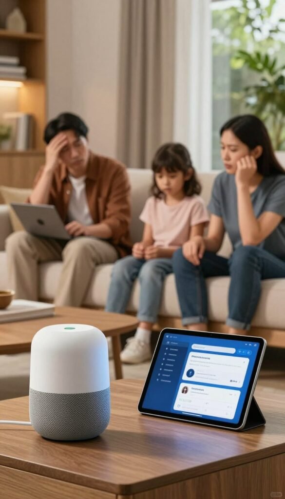 A cozy, modern living room filled with smart home devices, showcasing a subtle sense of frustration. In the foreground, a sophisticated smart speaker and a tablet displaying a complicated app interface. The middle ground features a family sitting together on a stylish couch, dressed in casual but professional clothing, looking puzzled as they try to manage the devices around them. The background reflects a contemporary home design with warm colors, soft lighting, and lush greenery visible through a window. Capture an inviting yet slightly chaotic atmosphere, highlighting the contrast between smart technology and human complexity. The overall vibe should be warm and authentic, with a Pinterest-like aesthetic, without any text or overlays. Include a small, discreet logo of "TechKiste" in the corner as part of the living space decor.