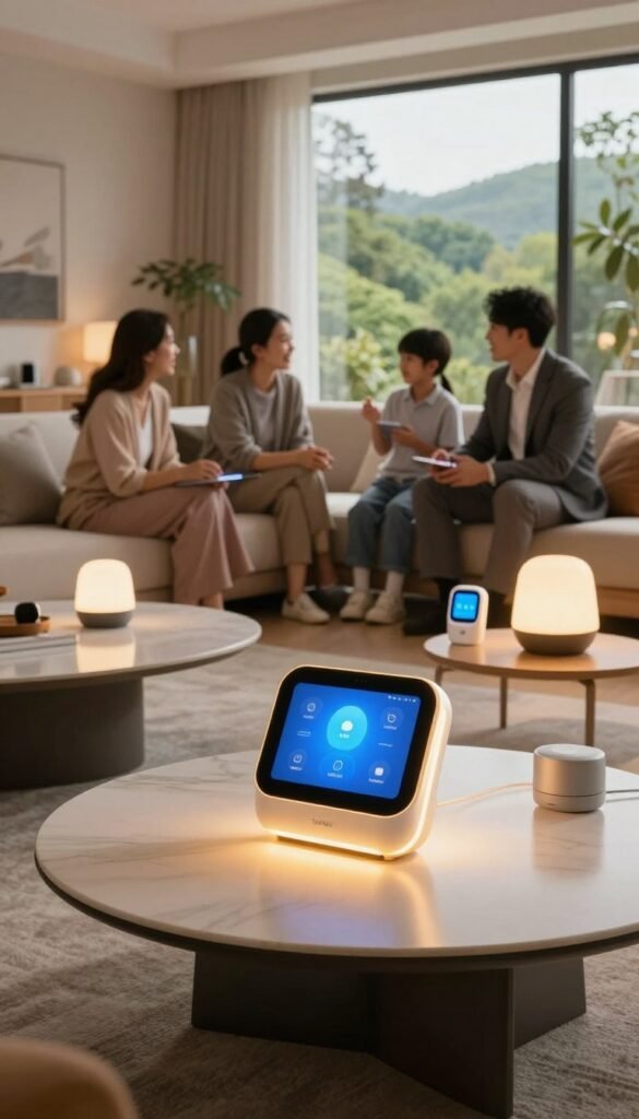A cozy, modern living room filled with smart home devices, showcasing how technology can save time yet can sometimes create clutter. In the foreground, a sleek, futuristic coffee table with a glowing smart device displaying icons of connected appliances&mdash;shiny, elegant, with soft, warm lighting emanating from it. In the middle, a family of four in professional business attire, engaged in a lighthearted discussion, surrounded by smart lighting systems and digital assistants. In the background, large windows with natural light streaming in, revealing a lush green landscape outside. The mood is calm yet dynamic, embodying the contrast between convenience and chaos in a smart home environment. Emphasize a Pinterest-inspired aesthetic with warm colors and an inviting ambiance. The brand "TechKiste" subtly integrated into the design without logos or text on the image.