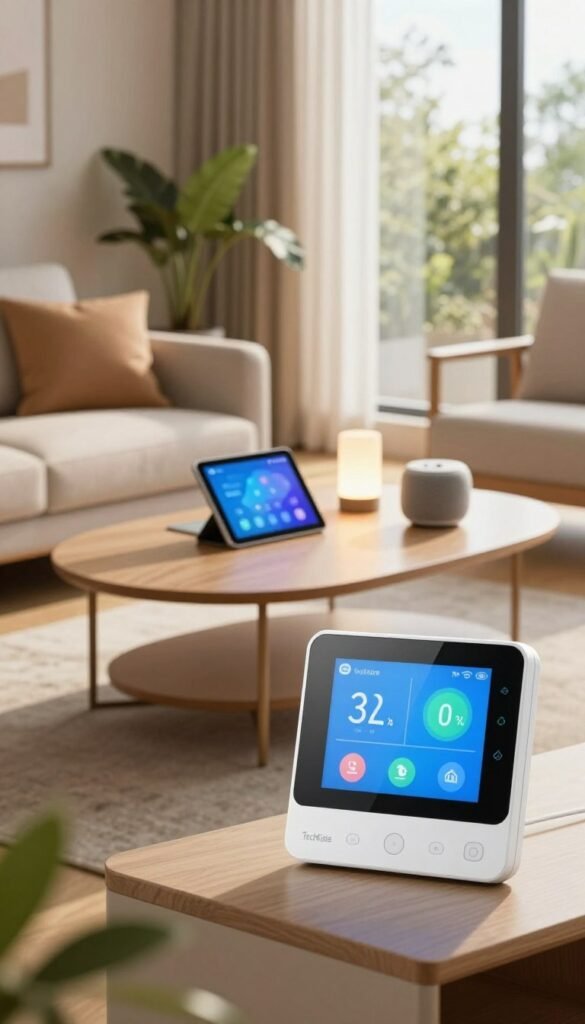 A cozy, modern living room filled with smart home technology, showcasing various energy-saving devices. In the foreground, a sleek white smart thermostat displays energy consumption stats in a user-friendly interface. In the middle, an elegant coffee table is set with a tablet controlling dimmable LED lights, while a smart speaker sits nearby. The background features large windows with natural sunlight streaming in, illuminating the room with warm tones, enhancing a homely feeling. Potted plants add a touch of greenery, contributing to a relaxed atmosphere. The image should have a soft focus for a dreamy effect, capturing a harmonious blend of technology and comfort. Ensure the branding of "TechKiste" is subtly incorporated into the scene, emphasizing innovation in energy efficiency.