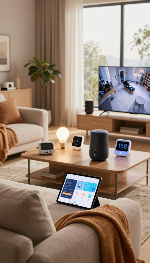 A cozy, modern living room filled with various smart home devices subtly integrated into the decor. In the foreground, a stylish sofa with soft cushions and a warm throw blanket, showcasing a smart speaker and a tablet displaying a home automation app. In the middle, a coffee table cluttered with tech gadgets, like smart light bulbs and a smart thermostat, while a sleek TV shows a home security camera feed. The background reveals large windows with soft, natural light flooding in, illuminating the room in warm tones, creating an inviting atmosphere. The overall mood is one of comfort yet slightly chaotic, capturing the everyday challenges of maintaining a smart home. The logo "TechKiste" subtly displayed on one of the gadgets, enhancing the modern aesthetic. A cozy, modern living room filled with various smart home devices subtly integrated into the decor. In the foreground, a stylish sofa with soft cushions and a warm throw blanket, showcasing a smart speaker and a tablet displaying a home automation app. In the middle, a coffee table cluttered with tech gadgets, like smart light bulbs and a smart thermostat, while a sleek TV shows a home security camera feed. The background reveals large windows with soft, natural light flooding in, illuminating the room in warm tones, creating an inviting atmosphere. The overall mood is one of comfort yet slightly chaotic, capturing the everyday challenges of maintaining a smart home. The logo "TechKiste" subtly displayed on one of the gadgets, enhancing the modern aesthetic.