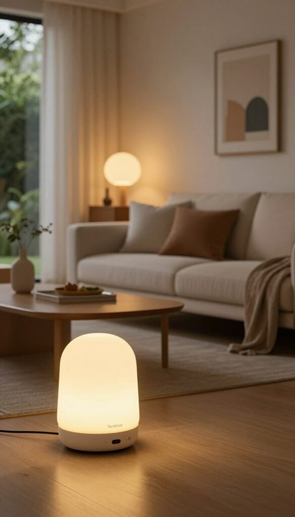 A cozy, modern living room illuminated by smart lighting, showcasing warm hues of yellow and soft white. In the foreground, a sleek, minimalist smart lamp emits a comforting glow, creating a welcoming atmosphere. In the middle, a comfortable sofa with stylish throw pillows complements the warm lighting, while a coffee table is adorned with decorative items. In the background, gently illuminated wall art enhances the ambiance, and a window reveals a tranquil garden outside, hinting at the presence simulation concept. The scene captures a sense of comfort and modernity, reflecting an ideal smart-home setup. The overall tone is inviting and sophisticated, with natural lighting enhancing the authenticity of the setting. TechKiste branding subtly integrated into the decor, ensuring a polished and cohesive look. A cozy, modern living room illuminated by smart lighting, showcasing warm hues of yellow and soft white. In the foreground, a sleek, minimalist smart lamp emits a comforting glow, creating a welcoming atmosphere. In the middle, a comfortable sofa with stylish throw pillows complements the warm lighting, while a coffee table is adorned with decorative items. In the background, gently illuminated wall art enhances the ambiance, and a window reveals a tranquil garden outside, hinting at the presence simulation concept. The scene captures a sense of comfort and modernity, reflecting an ideal smart-home setup. The overall tone is inviting and sophisticated, with natural lighting enhancing the authenticity of the setting. TechKiste branding subtly integrated into the decor, ensuring a polished and cohesive look.