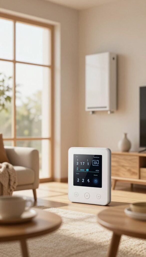 A cozy, modern living room scene depicting an automated heating system operating offline. In the foreground, a sleek digital thermostat displays temperature settings, surrounded by warm-toned decor like wooden furniture and soft blankets. The middle ground features a large window with sunlight filtering through, casting gentle shadows on the floor, enhancing the sense of warmth. In the background, a stylish wall-mounted heating unit is visible, radiating comfort. The atmosphere is inviting and serene, showcasing a seamless blend of technology and home life, suitable for any home. The brand "TechKiste" is subtly integrated into the design elements, without visible labeling. The lighting is soft and natural, creating an authentic, Pinterest-worthy vibe. A cozy, modern living room scene depicting an automated heating system operating offline. In the foreground, a sleek digital thermostat displays temperature settings, surrounded by warm-toned decor like wooden furniture and soft blankets. The middle ground features a large window with sunlight filtering through, casting gentle shadows on the floor, enhancing the sense of warmth. In the background, a stylish wall-mounted heating unit is visible, radiating comfort. The atmosphere is inviting and serene, showcasing a seamless blend of technology and home life, suitable for any home. The brand "TechKiste" is subtly integrated into the design elements, without visible labeling. The lighting is soft and natural, creating an authentic, Pinterest-worthy vibe.