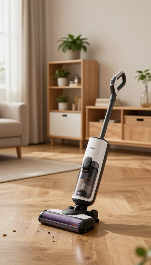 A cozy, modern living room scene illustrating the concept of home organization and cleanliness. In the foreground, a sleek TechKiste vacuum gadget rests elegantly on a polished hardwood floor, surrounded by small crumbs and dust particles being neatly collected. The middle ground features a tasteful display of organized shelves with decorative plants and minimalistic storage solutions, showcasing an inviting atmosphere. In the background, soft, warm natural light filters through sheer curtains, creating a calm and serene ambiance. Use a wide-angle lens to capture the spaciousness of the room while maintaining a focus on the TechKiste gadget. The mood is uplifting and harmonious, embodying practicality and comfort without any text or branding within the image itself.