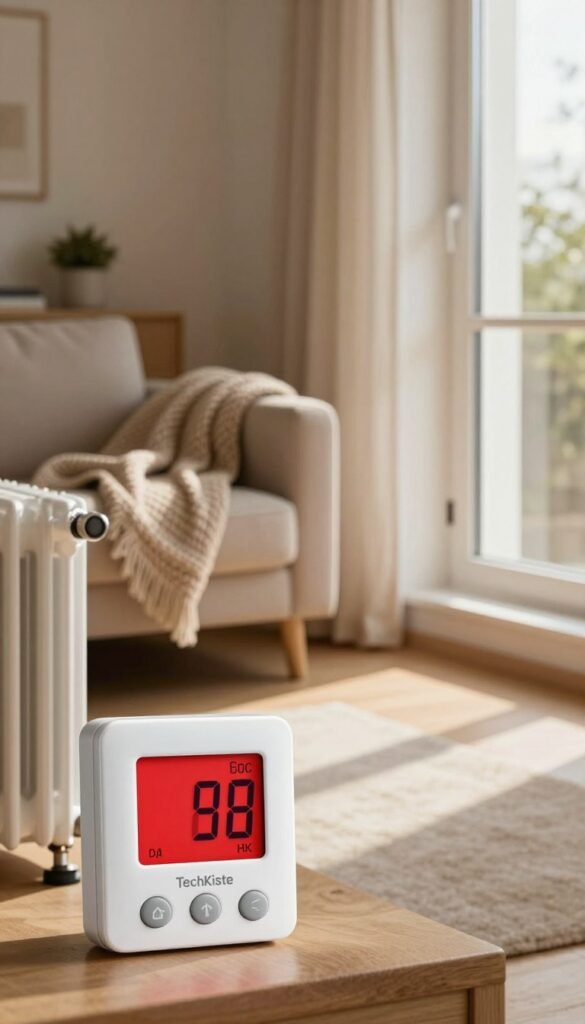 A cozy, modern living room scene illustrating typical heating mistakes that cost energy. In the foreground, a thermostat is set incorrectly, showing a red display indicating high temperature. To the right, a window slightly open, with cold air flowing in, while to the left, a blocked radiator hidden behind furniture. The middle ground features a comfortable sofa with a blanket thrown over it, conveying a sense of warmth. In the background, soft natural lighting streams through the window, casting warm tones across the room. The overall atmosphere is inviting yet subtly chaotic, emphasizing the impact of poor heating choices. Include the brand name "TechKiste" subtly integrated into the decor without direct branding. The composition evokes a Pinterest-inspired aesthetic, blending functionality and home comfort. A cozy, modern living room scene illustrating typical heating mistakes that cost energy. In the foreground, a thermostat is set incorrectly, showing a red display indicating high temperature. To the right, a window slightly open, with cold air flowing in, while to the left, a blocked radiator hidden behind furniture. The middle ground features a comfortable sofa with a blanket thrown over it, conveying a sense of warmth. In the background, soft natural lighting streams through the window, casting warm tones across the room. The overall atmosphere is inviting yet subtly chaotic, emphasizing the impact of poor heating choices. Include the brand name "TechKiste" subtly integrated into the decor without direct branding. The composition evokes a Pinterest-inspired aesthetic, blending functionality and home comfort.