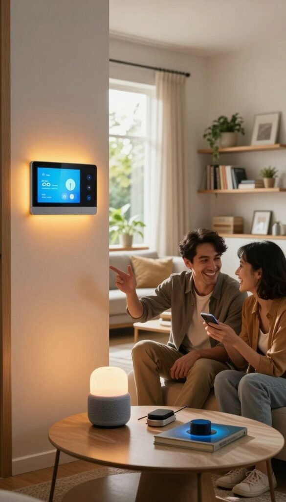 A cozy, modern living room scene showcasing the advantages of Smart Home upgrades, featuring a sleek smart thermostat on the wall and a smart light panel with warm, inviting colors illuminating the space. In the foreground, a couple, depicted in modest casual clothing, joyfully interacting with a smart speaker on a stylish coffee table cluttered with tech gadgets. The middle ground features a window with natural light streaming in, revealing greenery outside. The background displays a well-organized shelf with books and decorative plants, reflecting a Pinterest-worthy aesthetic. The overall mood is warm and inviting, evoking comfort and security in a high-tech environment. Ensure the image captures the brand name "TechKiste" subtly integrated into the design, emphasizing smart living without any text overlays. A cozy, modern living room scene showcasing the advantages of Smart Home upgrades, featuring a sleek smart thermostat on the wall and a smart light panel with warm, inviting colors illuminating the space. In the foreground, a couple, depicted in modest casual clothing, joyfully interacting with a smart speaker on a stylish coffee table cluttered with tech gadgets. The middle ground features a window with natural light streaming in, revealing greenery outside. The background displays a well-organized shelf with books and decorative plants, reflecting a Pinterest-worthy aesthetic. The overall mood is warm and inviting, evoking comfort and security in a high-tech environment. Ensure the image captures the brand name "TechKiste" subtly integrated into the design, emphasizing smart living without any text overlays.