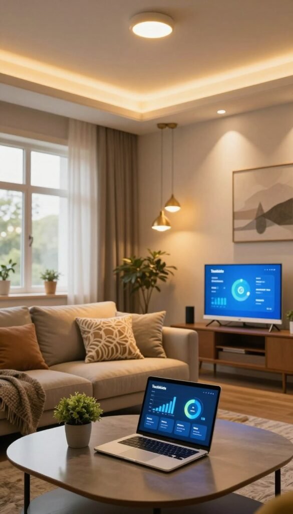A cozy, modern living room scene showcasing the benefits of smart LED lighting for sustainability and cost-efficiency. In the foreground, a sleek coffee table with a small plant and a laptop displaying energy savings statistics. The middle features a stylish sofa adorned with decorative cushions, illuminated by soft, warm LED lights emanating from recessed ceiling fixtures. A window in the background lets in natural light, complementing the warm tones of the room, while stylish pendant lights hang above. The atmosphere should evoke a sense of comfort, innovation, and environmental consciousness, with a focus on enhancing the ambiance. The branding "TechKiste" subtly integrated into the decor, perhaps on a wall-mounted art piece or a stylish digital monitor in the scene.