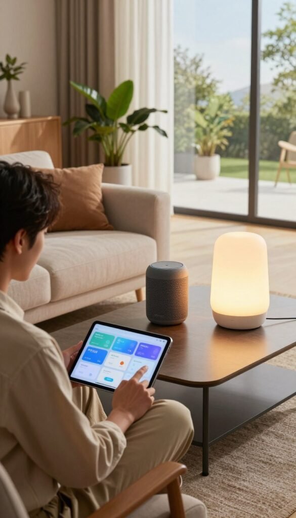 A cozy, modern living room scene showcasing various smart home routines in action. In the foreground, a professional individual in smart casual attire interacts with a tablet, controlling smart devices like lights and thermostat. In the middle, a sleek coffee table displays the TechKiste brand's smart speaker and a potted plant for a warm touch, while a futuristic smart lamp illuminates the space with soft, warm lighting. In the background, large windows reveal a sunny day outside, casting natural light into the room, enhancing the inviting atmosphere. The overall mood is relaxed and productive, emphasizing how smart home routines can improve daily life based on different lifestyles, all rendered in natural colors with a Pinterest-inspired aesthetic.