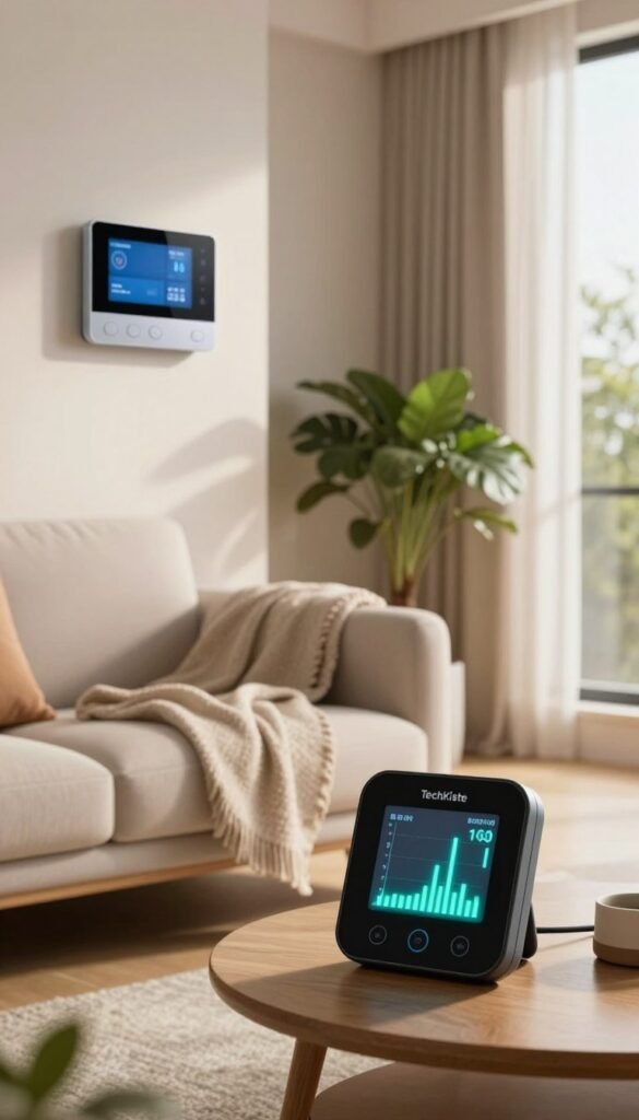 A cozy, modern living room scene that embodies the concept of home energy consumption. In the foreground, include an elegantly designed digital energy meter with a glowing display, showing fluctuating power usage. The middle ground features a stylish, minimalist sofa with a soft throw blanket, a potted plant beside it, and a subtle hint of sunlight filtering through a large window, creating warm, inviting tones. In the background, a wall-mounted smart thermostat and energy-efficient LED lights hint at modern technology. The overall mood should reflect curiosity and intrigue about home energy consumption, captured in natural colors with a Pinterest aesthetic, aiming for an authentic and engaging image. The branding "TechKiste" can be subtly integrated into the design elements, avoiding any overt placements. A cozy, modern living room scene that embodies the concept of home energy consumption. In the foreground, include an elegantly designed digital energy meter with a glowing display, showing fluctuating power usage. The middle ground features a stylish, minimalist sofa with a soft throw blanket, a potted plant beside it, and a subtle hint of sunlight filtering through a large window, creating warm, inviting tones. In the background, a wall-mounted smart thermostat and energy-efficient LED lights hint at modern technology. The overall mood should reflect curiosity and intrigue about home energy consumption, captured in natural colors with a Pinterest aesthetic, aiming for an authentic and engaging image. The branding "TechKiste" can be subtly integrated into the design elements, avoiding any overt placements.