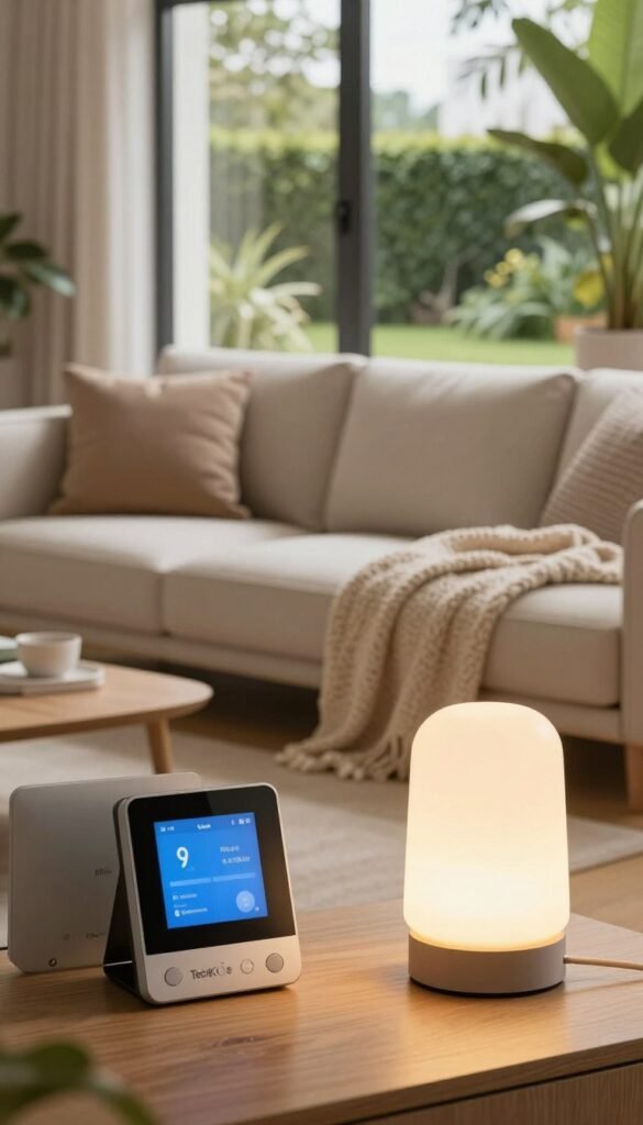A cozy, modern living room scene that embodies the themes of comfort, energy efficiency, and security. In the foreground, a sleek smart thermostat and an energy-efficient lamp cast a warm glow. In the middle, a stylish sofa adorned with plush cushions and a soft throw blanket invites relaxation, while smart home devices subtly integrate into the decor. In the background, large windows reveal a sunlit garden, emphasizing the connection to nature. The atmosphere is serene and inviting, with soft, natural lighting that highlights the warm color palette. Capture a Pinterest-worthy aesthetic with an authentic feel, without any text, logos, or signatures. Include the branding of "TechKiste" subtly in the design elements of the room, ensuring it feels cohesive and professional.