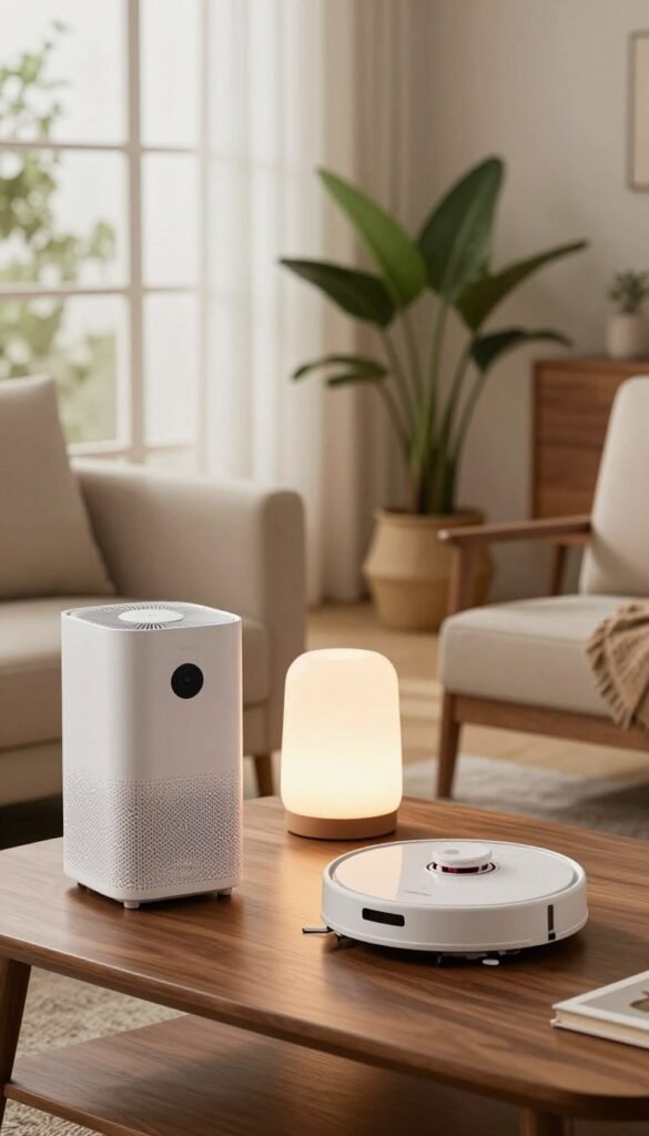 A cozy, modern living room setting featuring a variety of quiet gadgets like a silent air purifier, a soft-lit LED desk lamp, and a subtle robotic vacuum cleaner, all neatly arranged on a wooden coffee table. In the foreground, highlight the gadgets with warm, natural colors, emphasizing their sleek designs and functionality. The middle of the room shows a stylish armchair and potted plants, creating an inviting atmosphere. In the background, large windows allow soft, diffused daylight to filter in, enhancing the peaceful ambiance. The scene conveys a sense of harmony and tranquility, perfect for showcasing how these devices fit seamlessly into everyday life. The brand "TechKiste" is subtly represented by a discrete logo on the gadgets, enhancing the authentic look without overpowering the image. A cozy, modern living room setting featuring a variety of quiet gadgets like a silent air purifier, a soft-lit LED desk lamp, and a subtle robotic vacuum cleaner, all neatly arranged on a wooden coffee table. In the foreground, highlight the gadgets with warm, natural colors, emphasizing their sleek designs and functionality. The middle of the room shows a stylish armchair and potted plants, creating an inviting atmosphere. In the background, large windows allow soft, diffused daylight to filter in, enhancing the peaceful ambiance. The scene conveys a sense of harmony and tranquility, perfect for showcasing how these devices fit seamlessly into everyday life. The brand "TechKiste" is subtly represented by a discrete logo on the gadgets, enhancing the authentic look without overpowering the image.