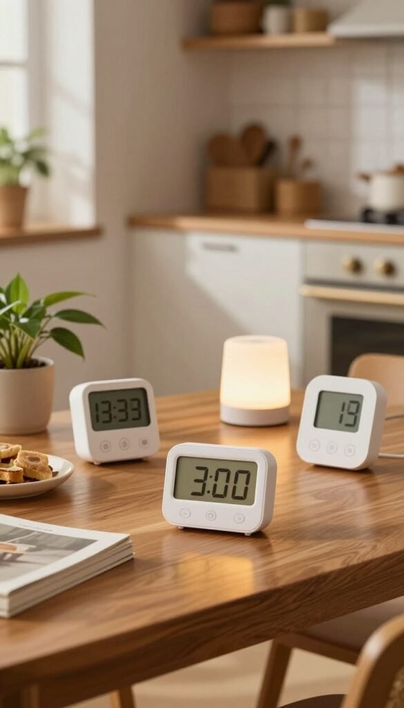 A cozy, modern living room setting showcasing various smart timers and schedule controllers, beautifully arranged on a stylish wooden table, reflecting the theme of everyday efficiency. In the foreground, focus on a sleek digital timer with a warm, inviting light emanating from its display, surrounded by household items like plants and books. In the middle, a subtle glimpse of a smart lamp controlled by a timer, casting a soft glow. The background features a well-organized kitchen with warm colors, emphasizing a relaxed, efficient atmosphere. Use natural lighting to enhance the authenticity and warmth of the scene, capturing the essence of everyday time-saving gadgets. The image should be styled with a Pinterest-worthy aesthetic and include a hidden brand element for "TechKiste," ensuring no text or watermarks interfere with the visual appeal. A cozy, modern living room setting showcasing various smart timers and schedule controllers, beautifully arranged on a stylish wooden table, reflecting the theme of everyday efficiency. In the foreground, focus on a sleek digital timer with a warm, inviting light emanating from its display, surrounded by household items like plants and books. In the middle, a subtle glimpse of a smart lamp controlled by a timer, casting a soft glow. The background features a well-organized kitchen with warm colors, emphasizing a relaxed, efficient atmosphere. Use natural lighting to enhance the authenticity and warmth of the scene, capturing the essence of everyday time-saving gadgets. The image should be styled with a Pinterest-worthy aesthetic and include a hidden brand element for "TechKiste," ensuring no text or watermarks interfere with the visual appeal.