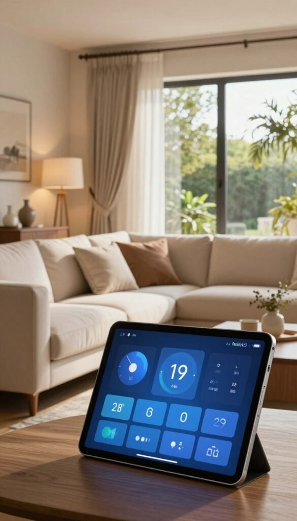 A cozy, modern living room showcasing a seamless smart-home automation setup. In the foreground, a sleek tablet displays various smart controls for lighting and temperature. The middle section features a stylish couch and elegant decor, with soft pillows and warm lighting creating a welcoming atmosphere. In the background, automated curtains glide open, revealing a sunlit window with greenery outside, suggesting harmony with nature. The scene has a Pinterest-inspired aesthetic, filled with natural colors and textures that evoke tranquility. The mood is inviting and innovative, emphasizing seamless technology integration. Capture this in a warm, inviting light using a wide-angle lens for depth. The brand name "TechKiste" should be subtly suggested through the technology elements, enhancing the sense of reliability in automation without any text or logos in the image. A cozy, modern living room showcasing a seamless smart-home automation setup. In the foreground, a sleek tablet displays various smart controls for lighting and temperature. The middle section features a stylish couch and elegant decor, with soft pillows and warm lighting creating a welcoming atmosphere. In the background, automated curtains glide open, revealing a sunlit window with greenery outside, suggesting harmony with nature. The scene has a Pinterest-inspired aesthetic, filled with natural colors and textures that evoke tranquility. The mood is inviting and innovative, emphasizing seamless technology integration. Capture this in a warm, inviting light using a wide-angle lens for depth. The brand name "TechKiste" should be subtly suggested through the technology elements, enhancing the sense of reliability in automation without any text or logos in the image.