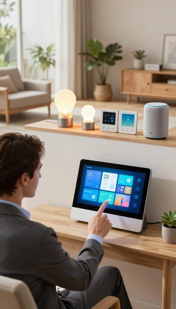 A cozy, modern living room showcasing a smart home control setup in action, with a sleek touchscreen interface displaying various smart devices. In the foreground, a person in professional business attire interacts with the device, looking confident and engaged. The middle layer features smart home gadgets like smart bulbs, smart speakers, and a thermostat, all elegantly designed with warm colors. In the background, large windows let in natural light, illuminating the space and creating a welcoming atmosphere. The room is decorated with plants and minimalist furniture for a Pinterest-inspired aesthetic. The brand name "TechKiste" is subtly integrated into the design elements without text overlays, enhancing the scene's authenticity.