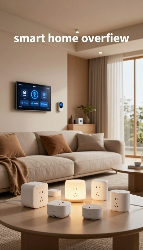 A cozy, modern living room showcasing a "smart home overview" with various smart-plug gadgets from the brand TechKiste. In the foreground, there is a stylish coffee table with several smart plugs neatly arranged, glowing softly, emitting a warm and inviting light. The middle ground features a sleek, contemporary sofa with smart devices embedded into the environment—such as smart bulbs in ceiling fixtures and a tablet mounted on the wall displaying connectivity options like Matter, Thread, and WLAN. In the background, large windows let in natural light, highlighting the warm and earthy color palette of the decor. The atmosphere feels innovative yet homey, promoting a sense of comfort in technology. Aim for a Pinterest-inspired aesthetic with authentic details, avoiding any text or distractions within the image. A cozy, modern living room showcasing a "smart home overview" with various smart-plug gadgets from the brand TechKiste. In the foreground, there is a stylish coffee table with several smart plugs neatly arranged, glowing softly, emitting a warm and inviting light. The middle ground features a sleek, contemporary sofa with smart devices embedded into the environment—such as smart bulbs in ceiling fixtures and a tablet mounted on the wall displaying connectivity options like Matter, Thread, and WLAN. In the background, large windows let in natural light, highlighting the warm and earthy color palette of the decor. The atmosphere feels innovative yet homey, promoting a sense of comfort in technology. Aim for a Pinterest-inspired aesthetic with authentic details, avoiding any text or distractions within the image.
