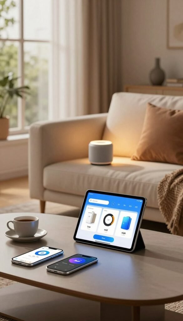 A cozy, modern living room showcasing a smart home setup by "TechKiste". In the foreground, a sleek coffee table with a tablet displaying various smart home devices grouped by budget: low, mid, and high setups, arranged neatly on the table. The middle features a stylish sofa with smart speakers and ambient lighting creating a warm glow. In the background, large windows let in soft, natural light, enhancing the Pinterest-aesthetic of natural images with warm colors. The atmosphere is inviting and tech-savvy, illustrating a smart home for morning routines. Capture the scene from a slightly elevated angle to encompass the full layout, focusing on the harmony of technology and comfort in everyday life.