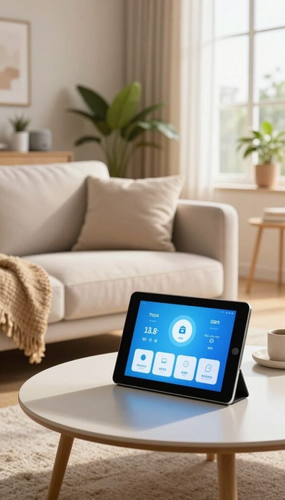 A cozy, modern living room showcasing a smart home setup in vivid detail. In the foreground, a sleek coffee table holds a tablet displaying smart home controls. The middle ground features a stylish sofa with plush cushions and smart speakers subtly integrated into the decor. In the background, large windows let in warm, natural light, illuminating potted plants that enhance the inviting atmosphere. The overall color palette is soft and warm, reminiscent of popular Pinterest styles, creating an authentic and welcoming feel. The brand name "TechKiste" subtly incorporated into the design elements of the room, without any text overlays. The composition captures the essence of smart home buying criteria with a harmonious and professional ambiance.