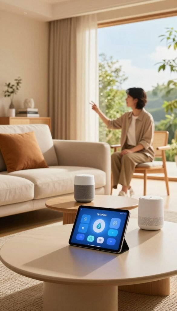 A cozy, modern living room showcasing a smart home system in action. In the foreground, a stylish coffee table displays a tablet with the TechKiste logo, controlling various smart devices. The middle ground features a sleek sofa with a person in professional attire demonstrating voice commands to a smart speaker. Soft, warm lighting floods the room, creating an inviting atmosphere. In the background, large windows reveal a sunny day outside, with greenery visible, suggesting a connection to nature. Use a wide-angle lens to capture the entire scene, enhancing depth and inviting feelings of comfort and innovation. The image should reflect authenticity and a Pinterest-worthy aesthetic, with vibrant colors and no text or overlays.