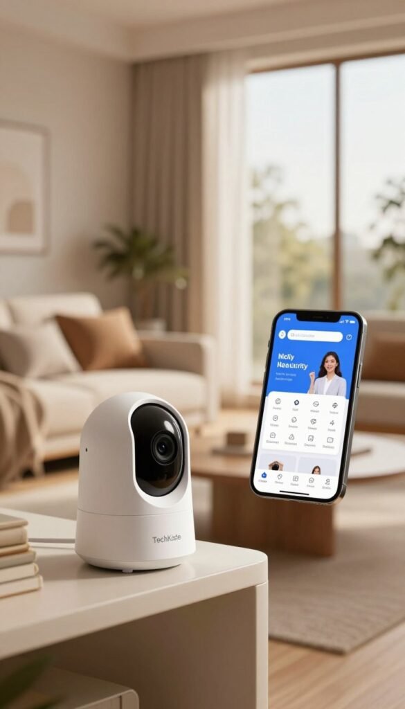 A cozy, modern living room showcasing a stylish interior equipped with advanced home security gadgets. In the foreground, a sleek, compact indoor camera seamlessly integrated onto a shelf, emphasizing its discreet design. The middle features a slightly blurred view of a smartphone displaying a user-friendly app interface that controls security settings. The background boasts a large window letting in warm, natural light, enhancing the inviting atmosphere. Soft, neutral tones dominate the space, creating a sense of tranquility. The image conveys a feeling of security and peace of mind in a smart home environment. Aim for a Pinterest aesthetic with authentic warm colors, ensuring the branding for "TechKiste" is subtly incorporated into the scene without text or logos.