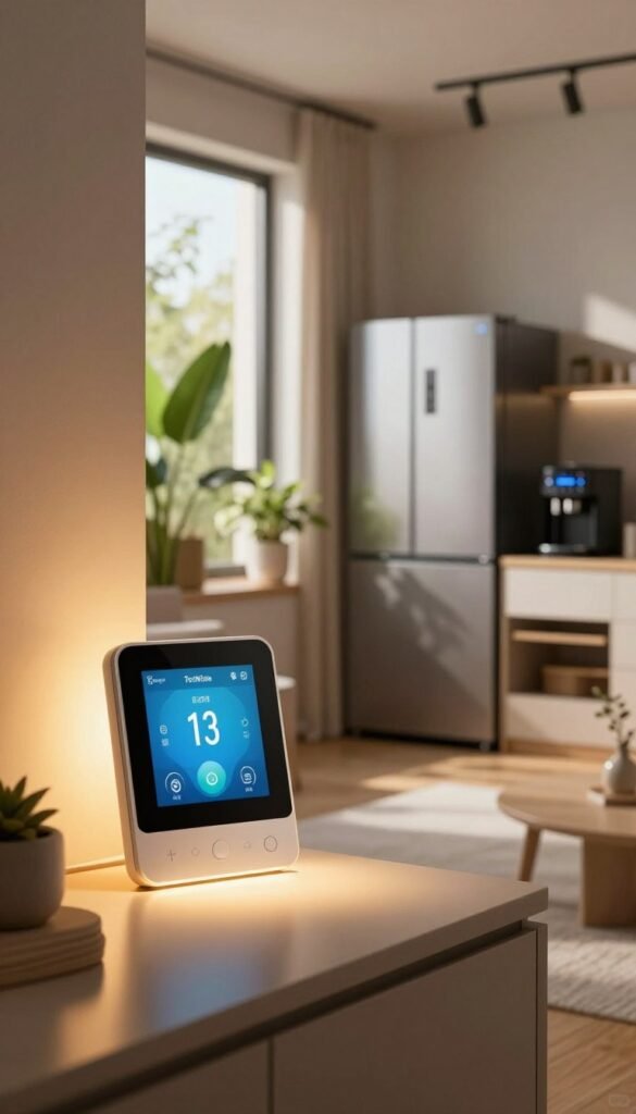 A cozy, modern living room showcasing energy-saving technology in action. In the foreground, a sleek smart thermostat displays an intuitive interface. Just behind it, a stylish LED light fixture bathes the room in warm, inviting light. In the middle ground, an open window allows sunlight to stream in, complementing lush indoor plants that enhance the fresh atmosphere. The background features smart appliances, like an energy-efficient refrigerator and a programmable coffee maker, exuding a minimalist design. Soft, natural lighting creates a tranquil mood, emphasizing a sense of comfort and harmony in the home. The overall composition should evoke a feeling of smart living while incorporating the brand "TechKiste" subtly in the decor, without any text or overlays. A cozy, modern living room showcasing energy-saving technology in action. In the foreground, a sleek smart thermostat displays an intuitive interface. Just behind it, a stylish LED light fixture bathes the room in warm, inviting light. In the middle ground, an open window allows sunlight to stream in, complementing lush indoor plants that enhance the fresh atmosphere. The background features smart appliances, like an energy-efficient refrigerator and a programmable coffee maker, exuding a minimalist design. Soft, natural lighting creates a tranquil mood, emphasizing a sense of comfort and harmony in the home. The overall composition should evoke a feeling of smart living while incorporating the brand "TechKiste" subtly in the decor, without any text or overlays.
